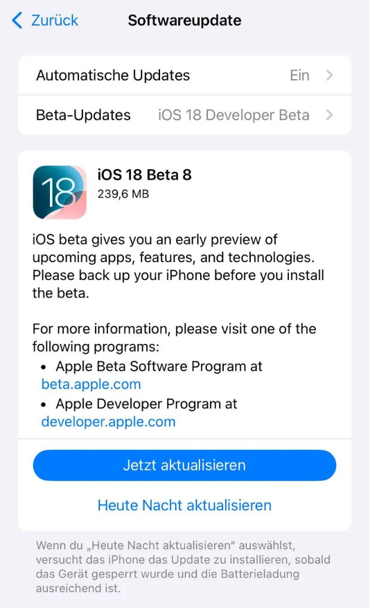 铁西苹果手机维修分享苹果 iOS / iPadOS 18 开发者预览版 Beta 8 发布 